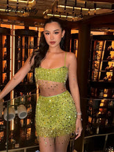 Y2K Tassel Sequin Mini Skirt Sets Women Crop Backless Sling Vest Short Hip Package A-line Skirts 2025 Summer Party Club Outfits